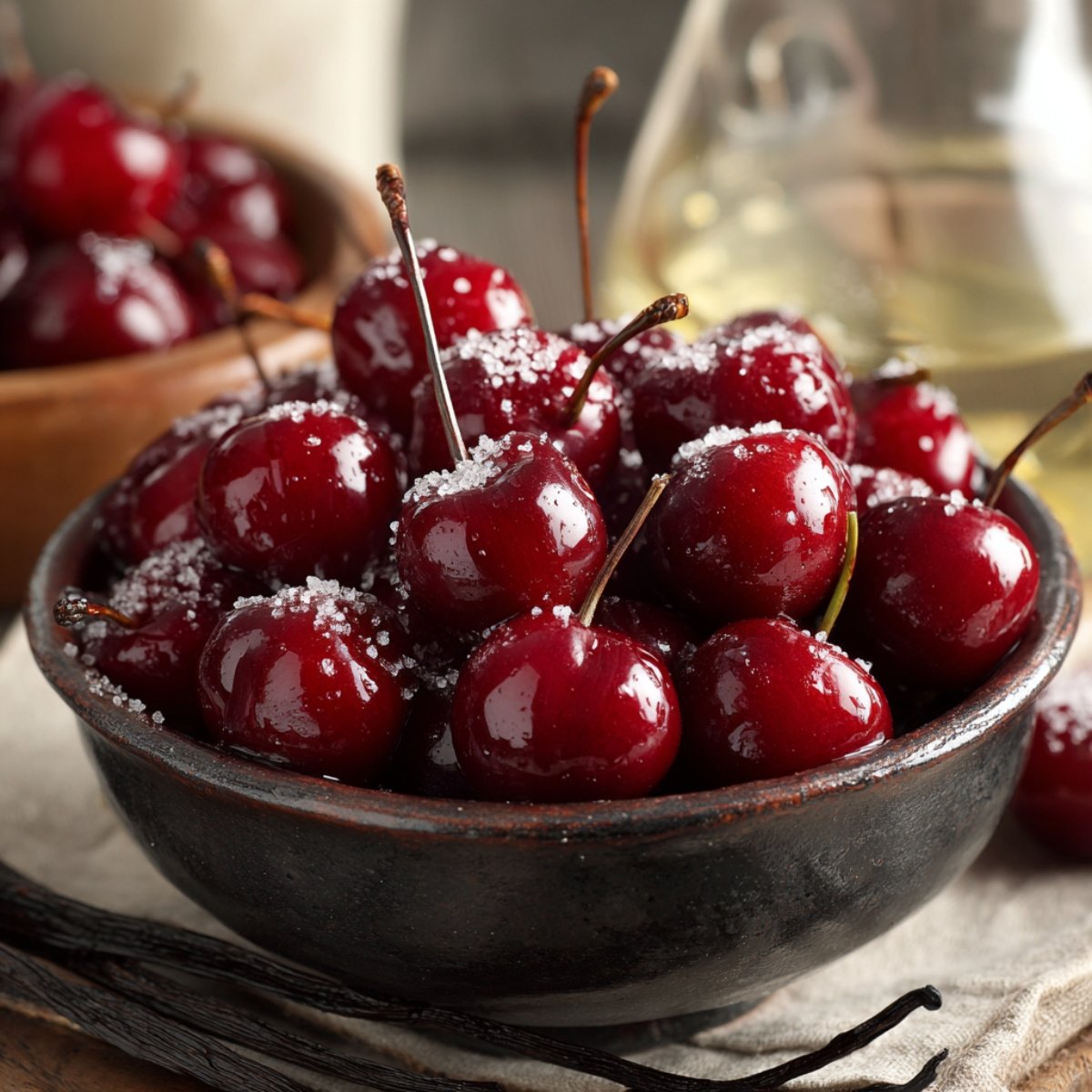 Close-up of a dark ceramic bowl overflowing with glossy, ripe cherries lightly coated in granulated sugar crystals. In the blurred background, more cherries in a wooden bowl and a small glass pitcher of vanilla or lemon-infused liquid rest on a wooden surface