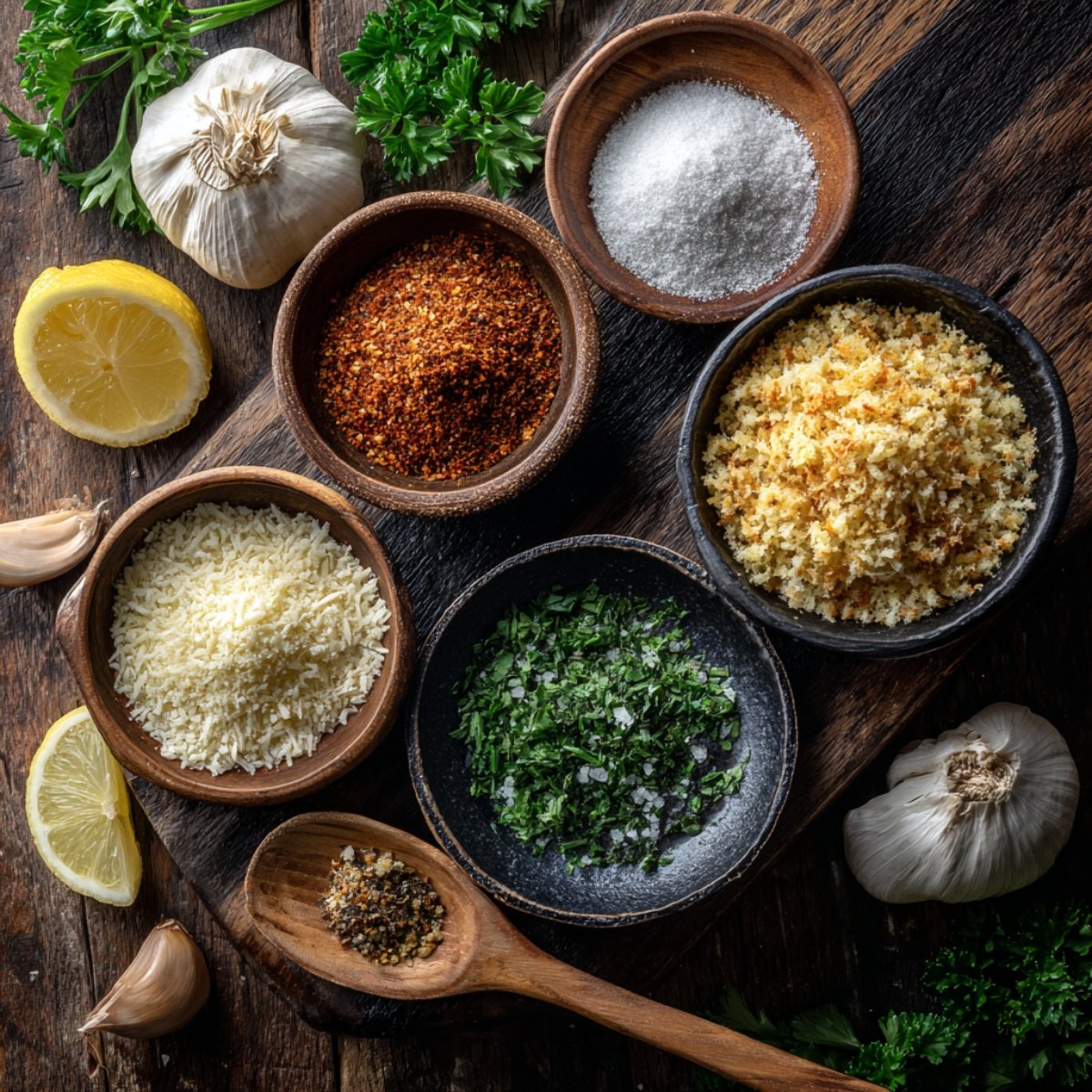 A collection of seasonings and herbs placed in small bowls. The ingredients include garlic, parsley, lemon, dried chili flakes, salt, breadcrumbs, parmesan cheese, and black pepper.