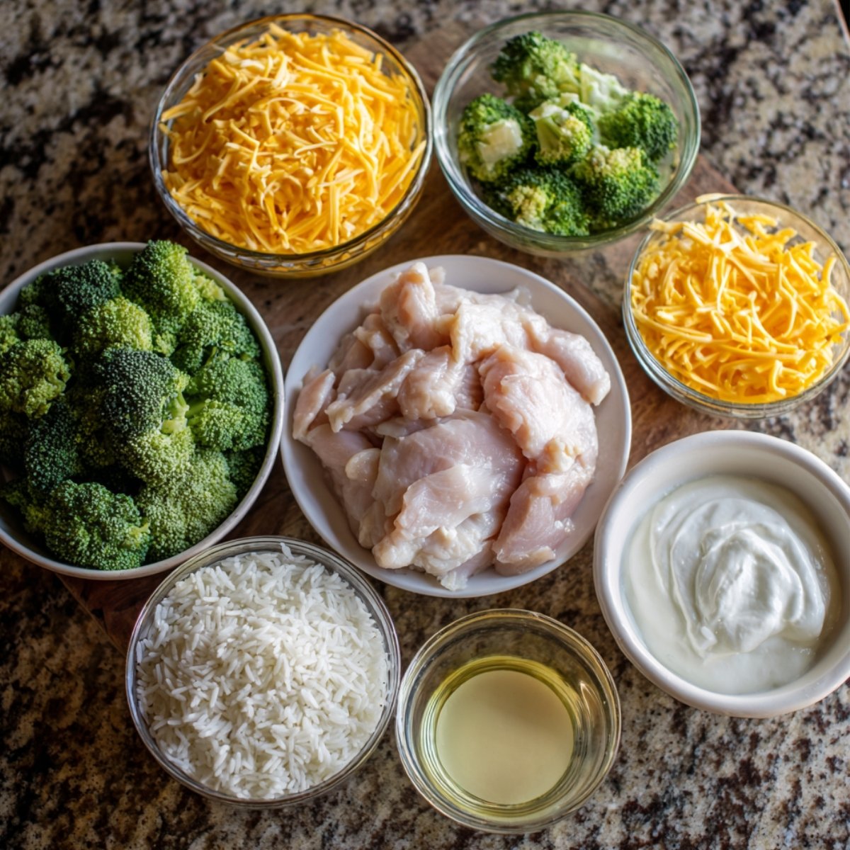 A variety of ingredients laid out on a countertop. These include broccoli, sliced chicken, rice, oil, and cheese, along with a bowl of yogurt.
