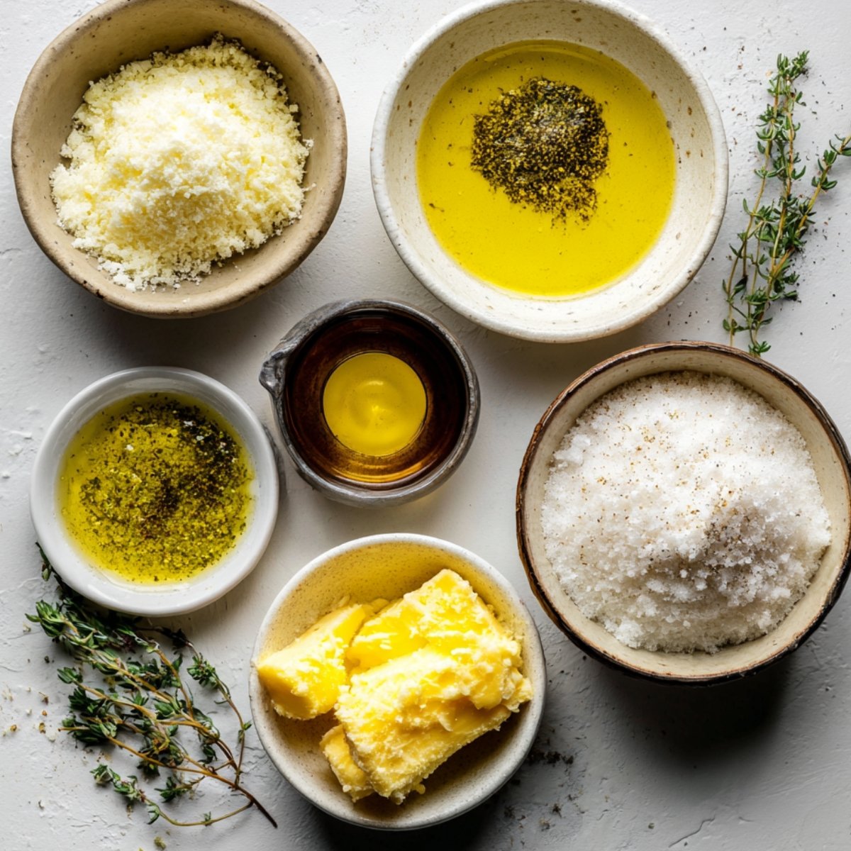 Three small bowls on a speckled counter one filled with finely grated Parmesan, one with olive oil seasoned with cracked pepper, and one with beaten egg and melted butter plus a sprig of fresh thyme and a bowl of sea salt flakes.