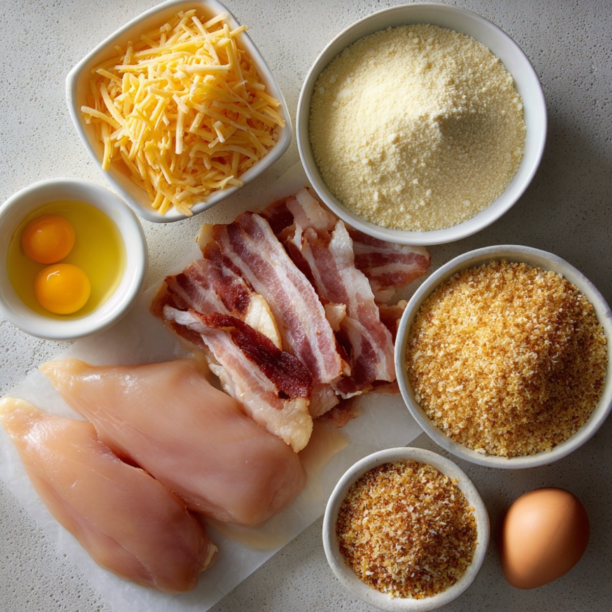 Overhead shot of two boneless chicken breasts, a stack of thin‑sliced ham, Swiss cheese, two cracked eggs in a small bowl, piles of panko and regular breadcrumbs, and an extra egg on parchment.
