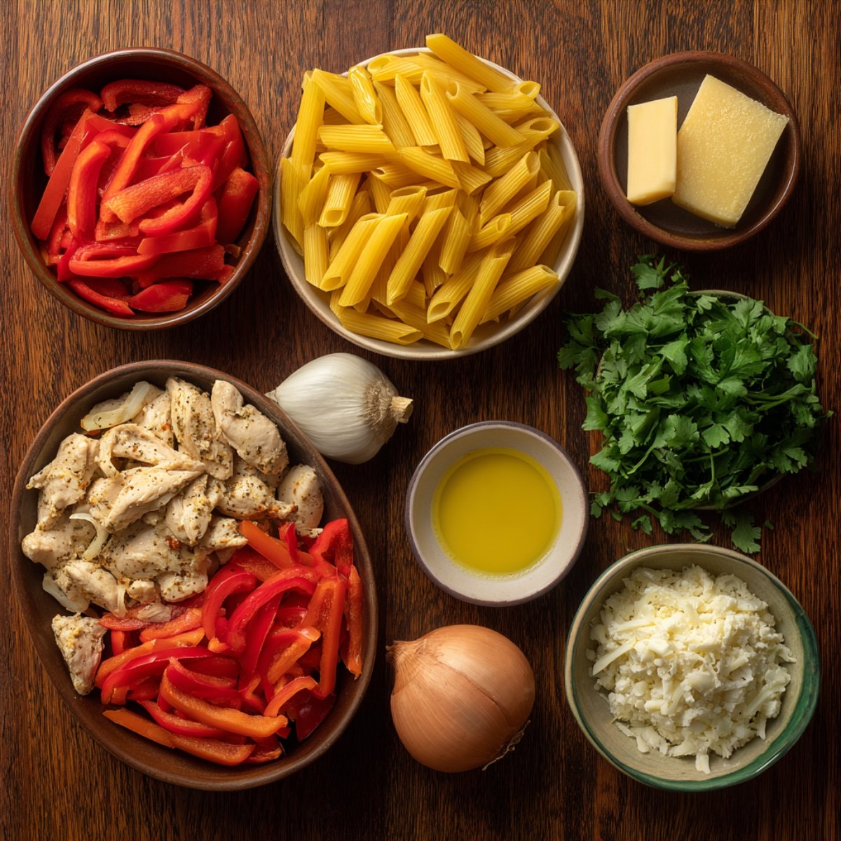 Top‑down shot of a marble countertop with the Greek orzo salad base: a small bowl of uncooked orzo pasta, a bowl of extra virgin olive oil, a halved lemon, a whole garlic bulb and one clove, a dish of dried oregano, and bowls of coarse salt and cracked black pepper