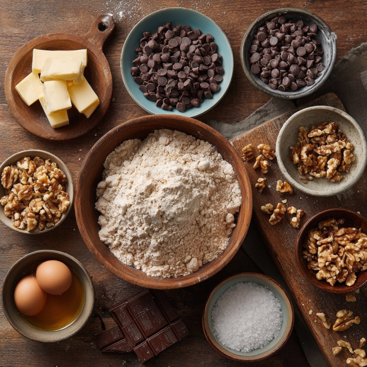 A rustic kitchen setup featuring various ingredients for making chocolate chip cookies. On a wooden surface, there are bowls containing flour, chocolate chips, chopped walnuts, and a pinch of salt. Butter is cut into small cubes and placed on a wooden dish. Two whole eggs rest in a small bowl, and a few pieces of chocolate are laid beside the eggs. The ingredients are arranged in a natural, homemade style, evoking the warm, cozy feeling of baking from scratch.
