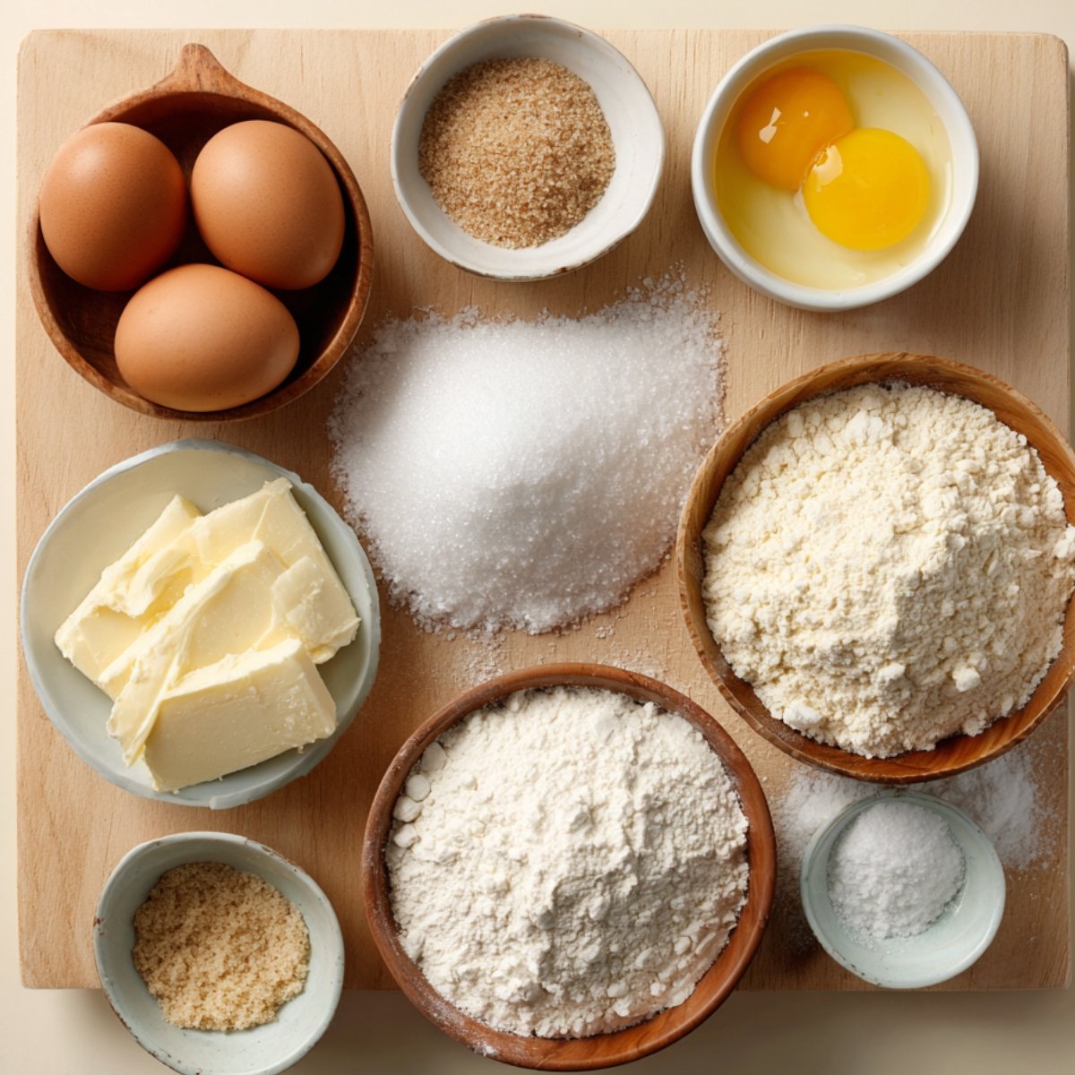 "A clean, minimalistic layout of ingredients for baking cookies, placed on a wooden board. The ingredients include four eggs in a bowl, bowls of white and brown sugar, flour, butter, and a small bowl of salt. The background is soft and neutral, emphasizing the simplicity and authenticity of the homemade baking process. The ingredients are meticulously arranged to give a fresh, inviting, and homemade feel