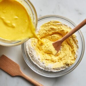 Close‑up overhead view of bright yellow wet cornbread mixture pouring into the well of dry ingredients cornmeal and flour in a glass mixing bowl, with a wooden spatula lying nearby.