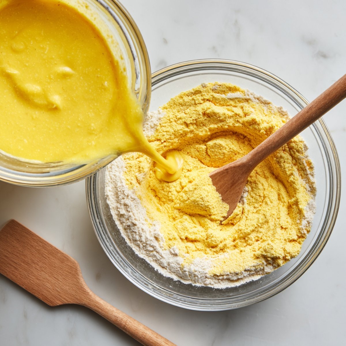 Close‑up overhead view of bright yellow wet cornbread mixture pouring into the well of dry ingredients cornmeal and flour in a glass mixing bowl, with a wooden spatula lying nearby.