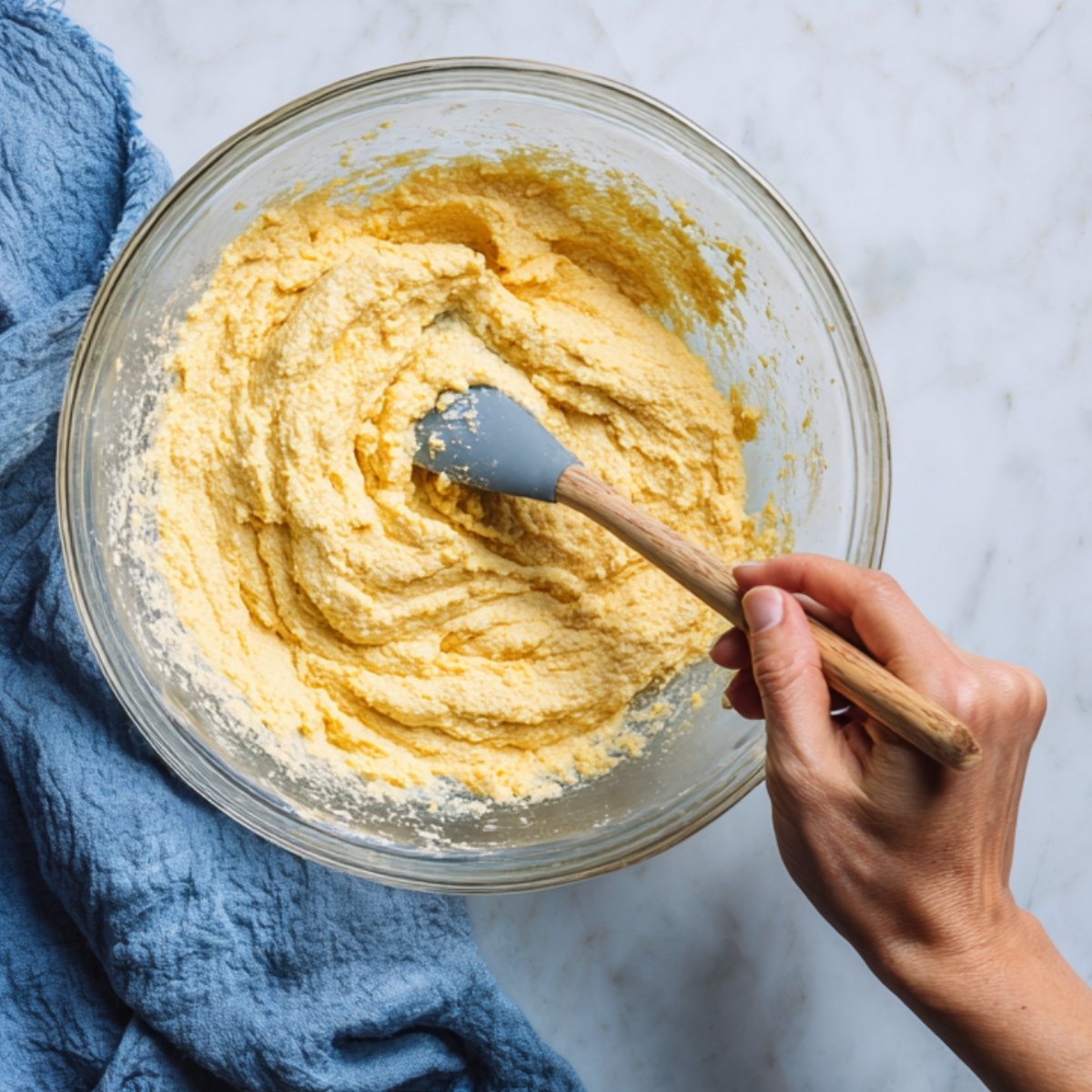 Overhead shot of a person’s hand using a gray‑tipped spatula to fold coarse, golden cornbread batter in a clear glass bowl, set on a white marble countertop with a blue napkin beside it.