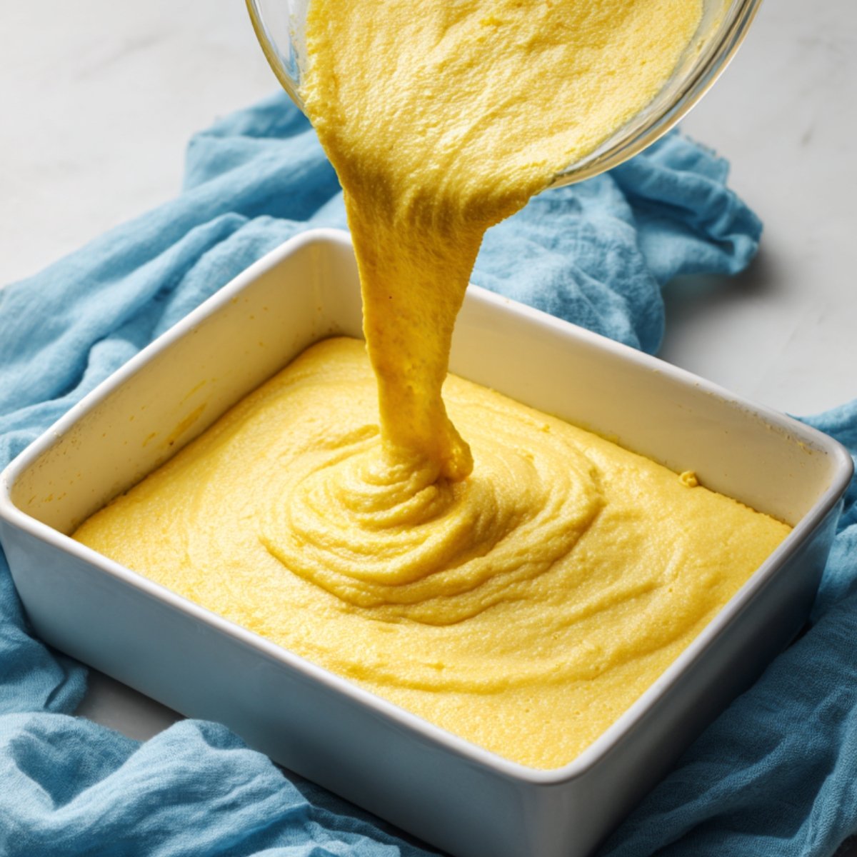 A thick, vibrant yellow cornbread batter being poured from a glass mixing bowl into a square white ceramic baking dish, with a soft blue cloth draped underneath.