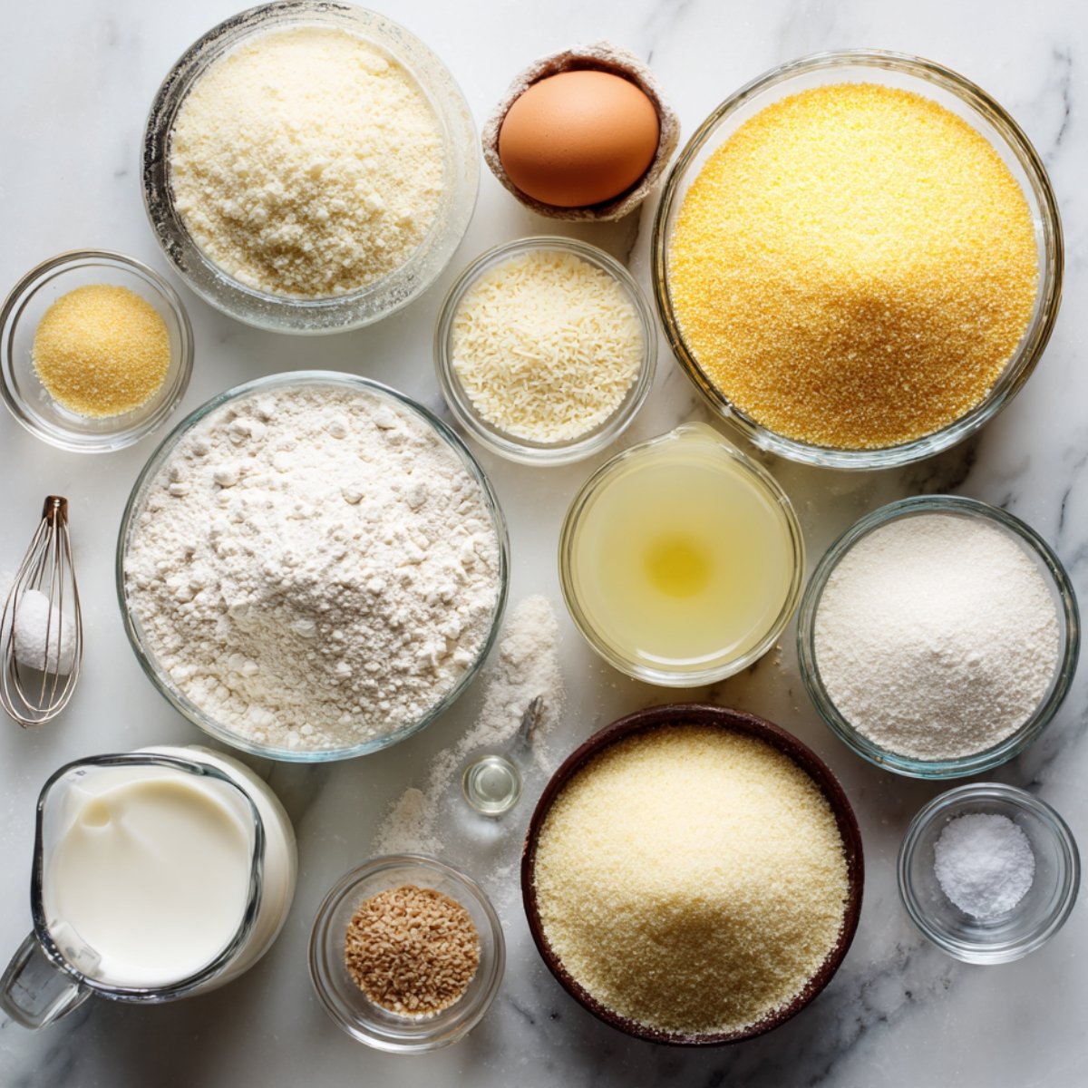 Flat‑lay of cornbread ingredients on a marble surface: small glass bowls of salt and baking powder; larger bowls of cornmeal, flour, sugar, and grated corn; an egg in a shot glass; measuring jugs of milk and oil; and a whisk.