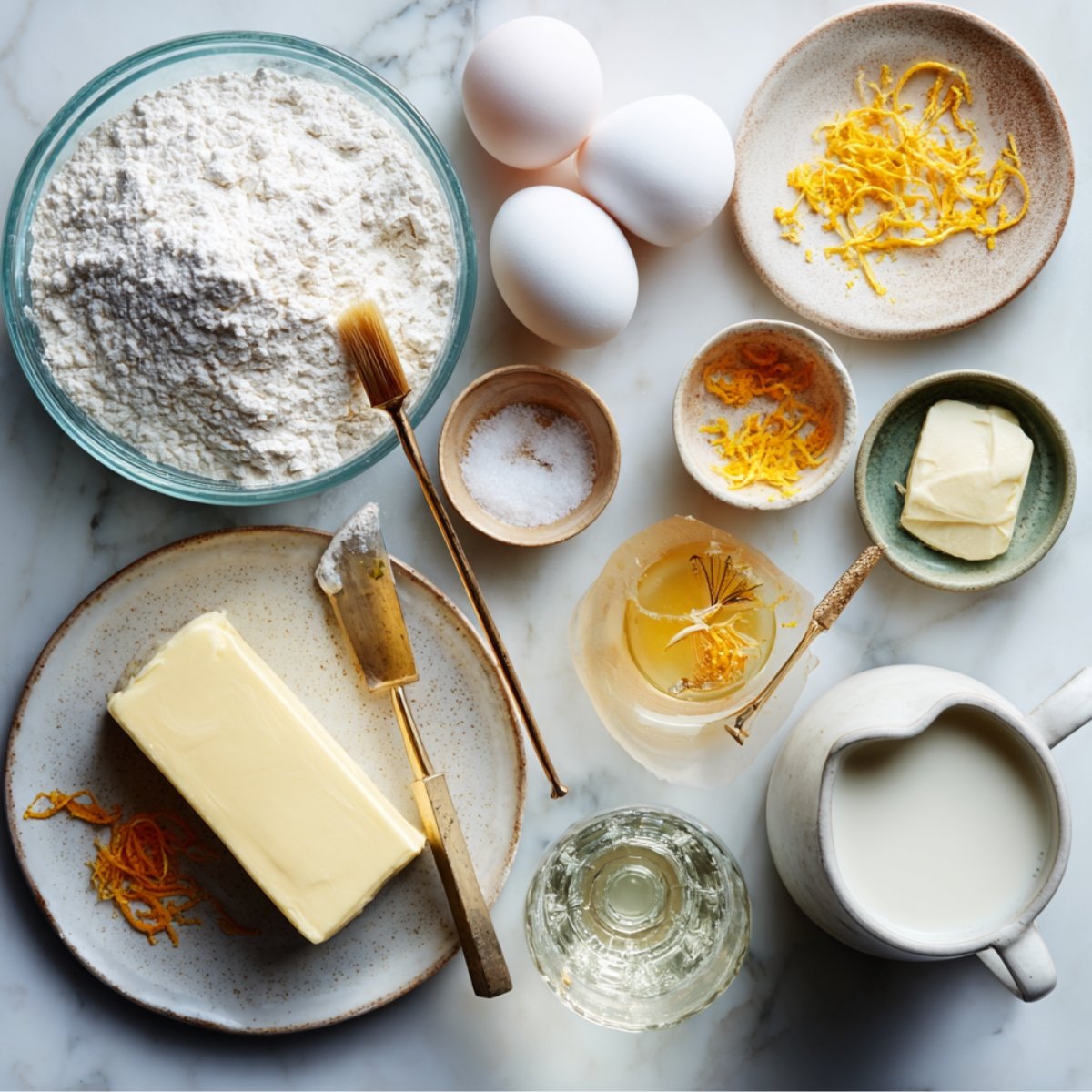 Overhead view of crepe ingredients arranged on a marble countertop: a bowl of all‑purpose flour with a pastry brush, three eggs, small dishes of lemon and orange zest, a pat of butter, granulated sugar, a jug of milk, a glass of sparkling water, and a small bowl of melted butter—all ready for crepe batter.