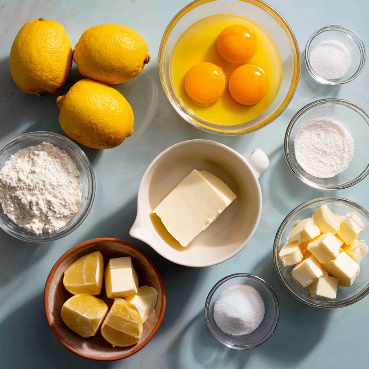Overhead shot of whole lemons, a bowl of egg yolks, flour, sugar, and cubed butter arranged on a pale blue surface.