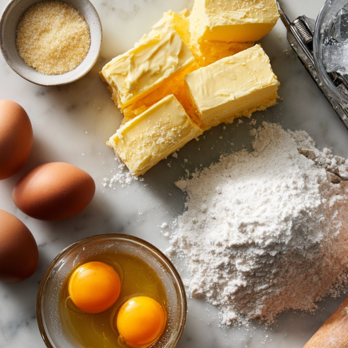 Top‑down view of pastry ingredients on marble: slabs of butter, a mound of flour, eggs, ramekins of sugar and salt, ice water, and a rolling pin.