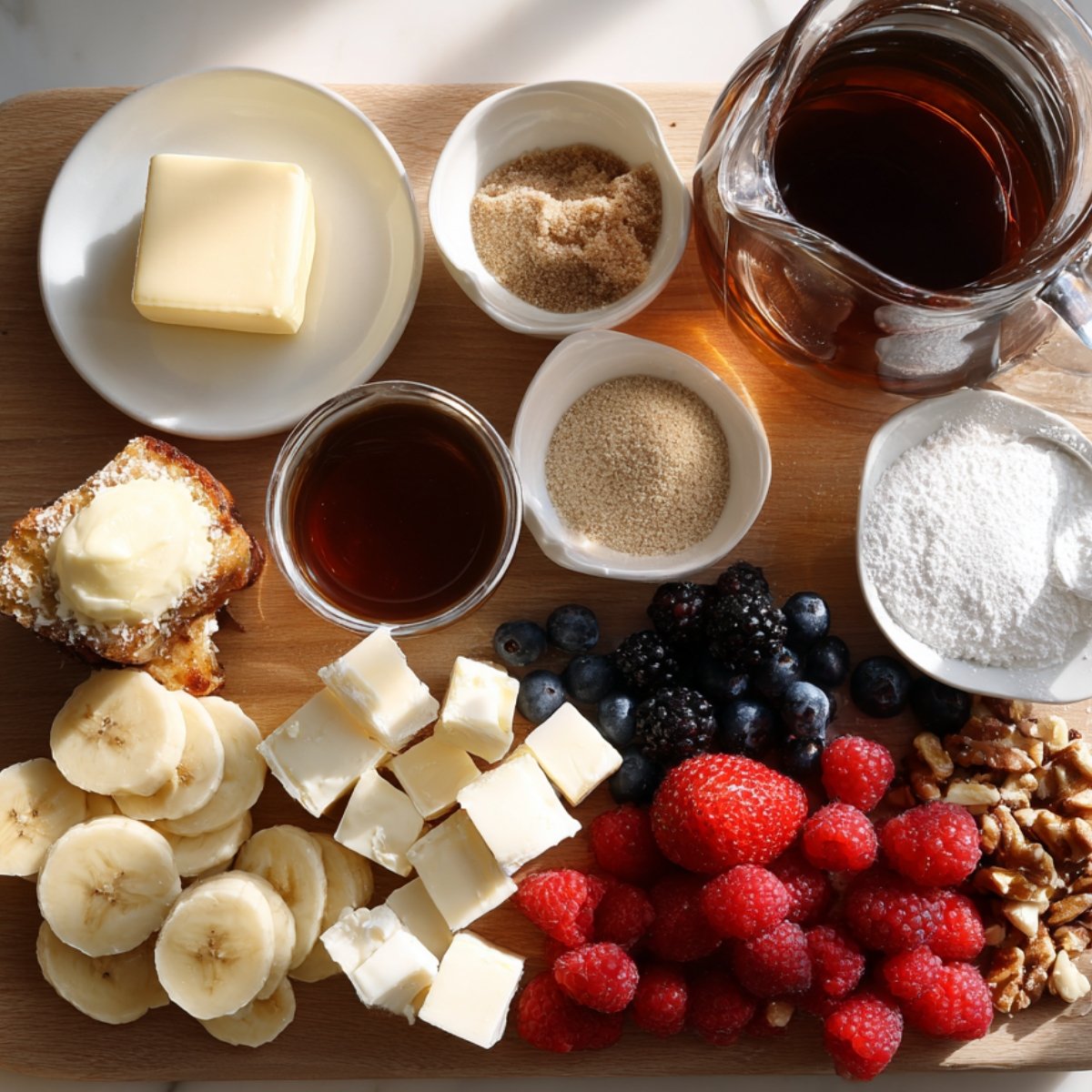 A top‑down view of a wooden board displaying the “good stuff” for French toast casserole: a pat of butter on a small plate, a bowl of light brown sugar, a glass pitcher of maple syrup, a ramekin of powdered sugar, next to cream cheese cubes, fresh mixed berries, banana slices, and chopped nuts.