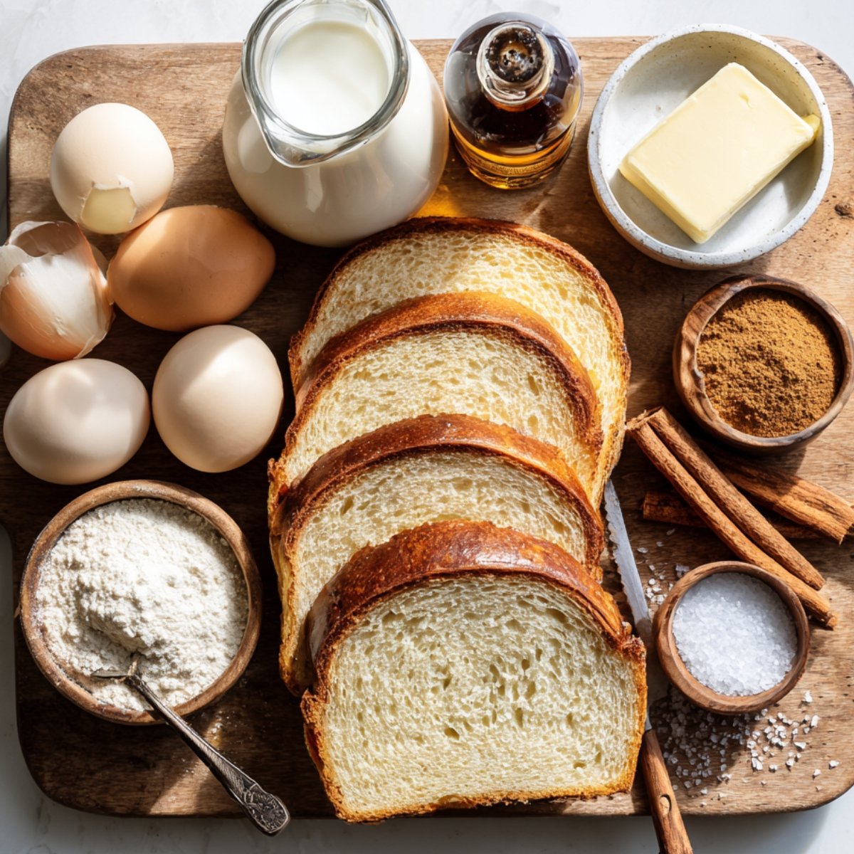 An overhead shot of a wooden board with French toast casserole base ingredients: thick slices of brioche and challah bread, three cracked eggs with shells, a pitcher of milk, a bottle of vanilla extract, a dish of softened butter, a bowl of flour, a pinch bowl of coarse salt, cinnamon sticks, and a bowl of ground cinnamon.