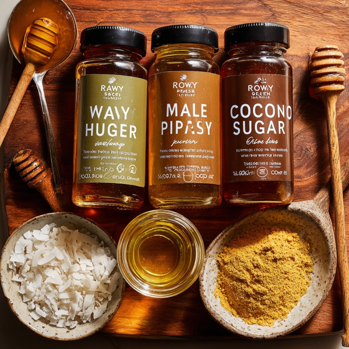 Overhead view of a wooden cutting board holding three glass jars of natural sweeteners—raw honey, maple syrup, and coconut palm sugar—each with a small wooden spoon. Around them are a puddle of honey with a dipper, a bowl of white coconut flakes, a shallow dish of golden ashwagandha powder, and a small glass jar of coconut oil with a spoon.