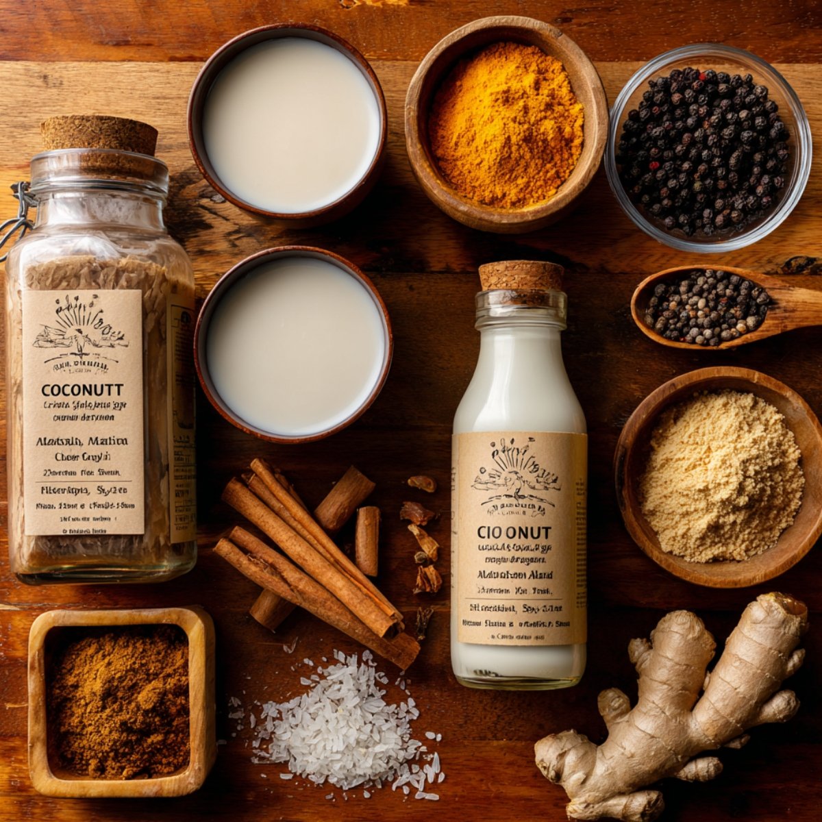 Overhead shot on a warm wooden countertop displaying two small wooden bowls of white coconut milk and almond milk, a cork‑stopped glass bottle of creamy coconut milk, a wooden bowl of bright orange turmeric powder, a glass bowl of black peppercorns with a wooden spoon, cinnamon sticks, a scattering of coarse sea salt, and a piece of fresh ginger root.