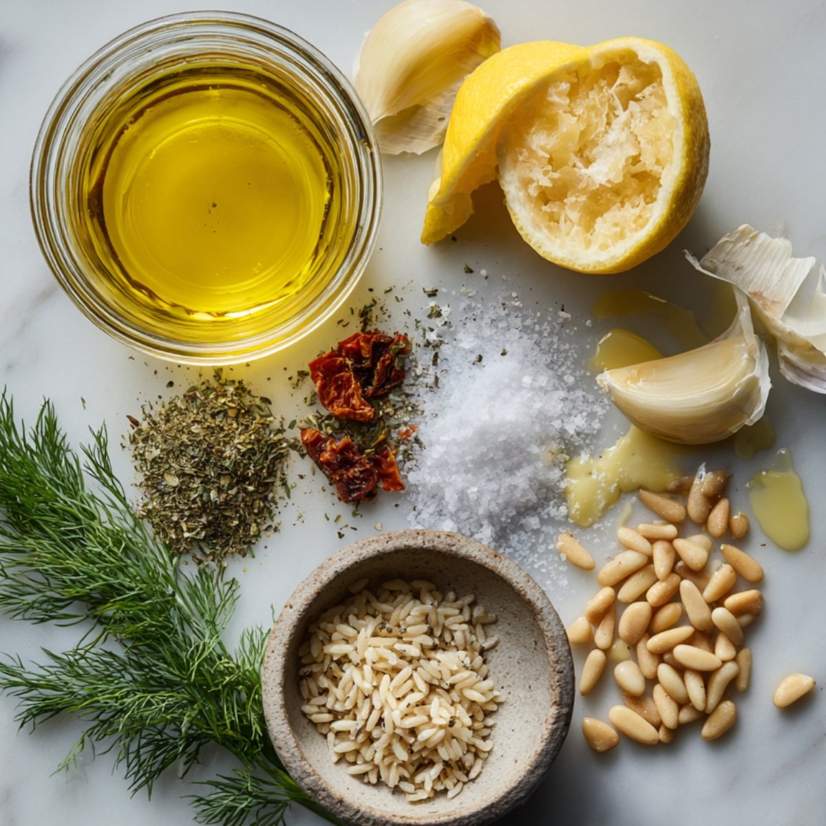 Top‑down view of Greek orzo salad ingredients on a wooden table: a bowl of uncooked orzo pasta, halved cherry tomatoes, sliced English cucumber, thin red‑onion rings, a small bowl of Kalamata olives, crumbled feta in a blue dish, and fresh parsley sprigs.