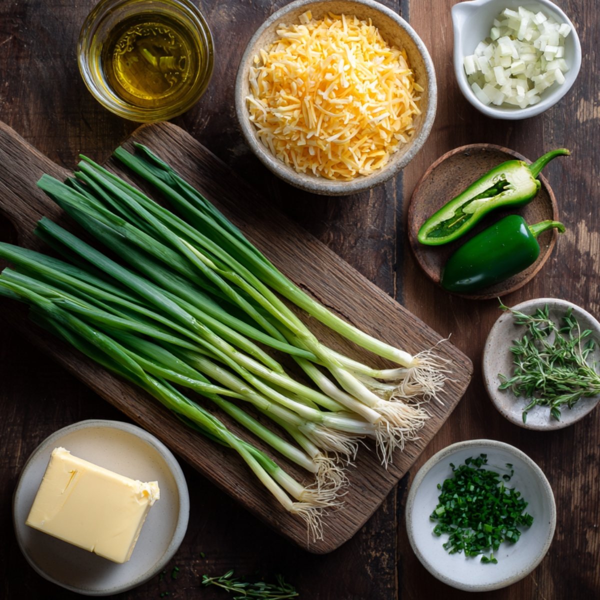 Overhead photo of a wooden board holding fresh corn, flour, eggs, milk, a small jar of cornmeal, and seasonings—all neatly displayed on a marble counter.
