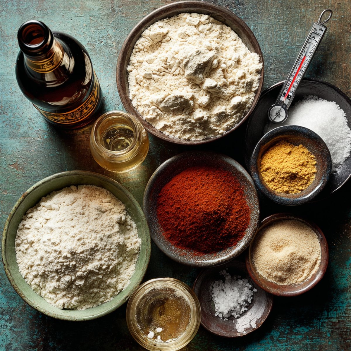 Small bowls of flour, cornstarch, spices and beer with a candy thermometer mise en place for onion ring batter.