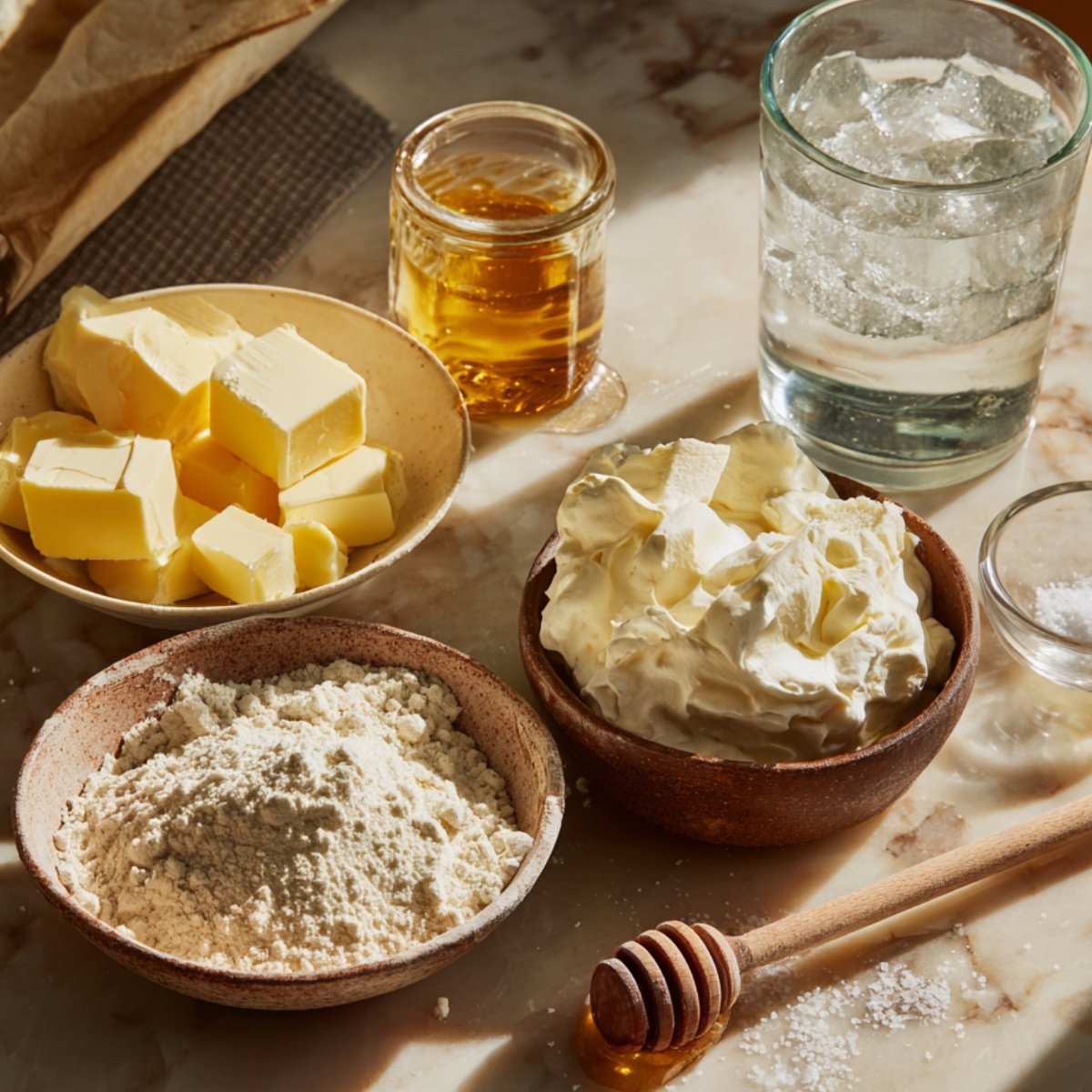 Pie crust ingredients on a marble counter with soft daylight, including cubed cold butter, flour, whipped cream cheese, ice water, a jar of honey, and bowls of salt and sugar.