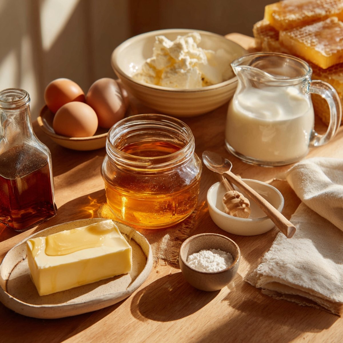 Baking ingredients for honey pie filling arranged on a wooden surface, including a jar of golden wildflower honey, eggs, heavy cream, vanilla extract, whipped butter, and a block of butter with honey drizzle.