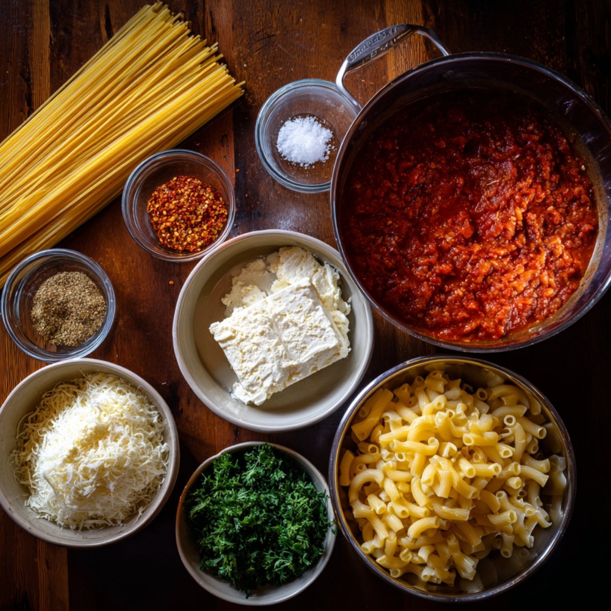 Overhead view of a rustic wooden countertop with lasagna‑soup ingredients arranged in bowls and on the surface: uncooked lasagna noodles, a pot of crushed tomato sauce, small bowls of tomato paste, dried basil, dried oregano, red pepper flakes, salt, black pepper, a bowl of ricotta, a bowl of shredded mozzarella and parmesan, chopped fresh parsley, and cooked short pasta.