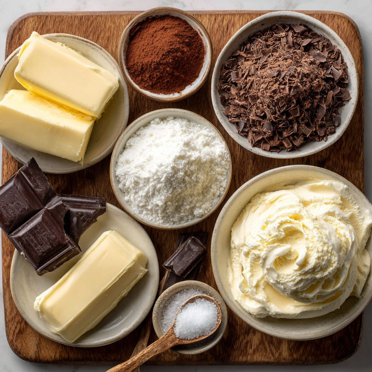 Various lava cake ingredients including chocolate bars, butter, cocoa powder, powdered sugar, and whipped cream arranged on a wooden board.