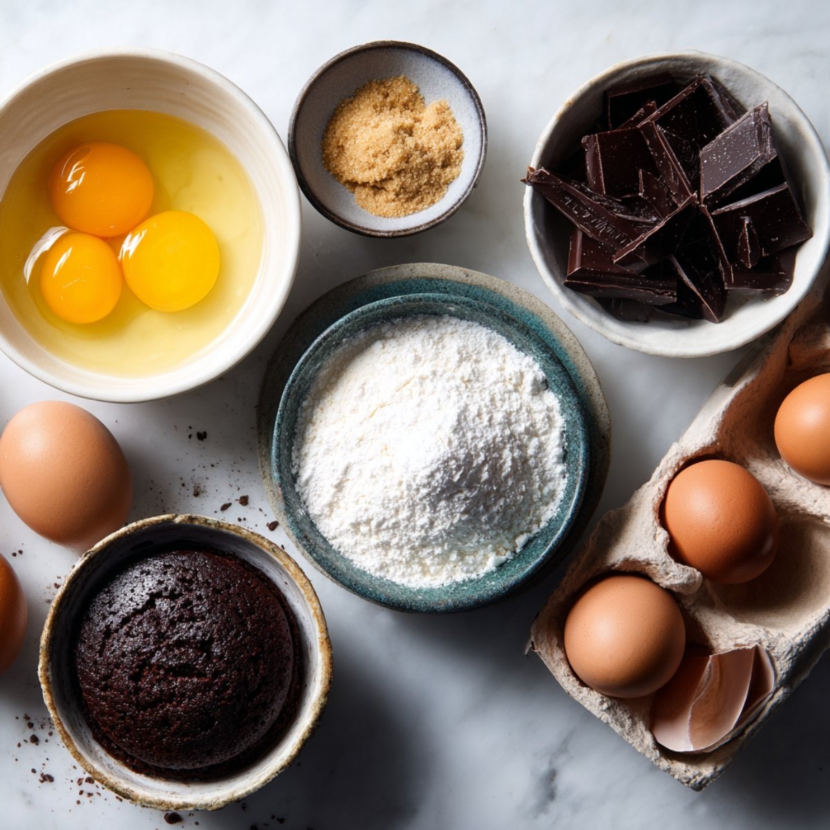 Lava cake ingredients including eggs, flour, chocolate chunks, brown sugar, and cocoa cake base, all laid out on a marble surface.