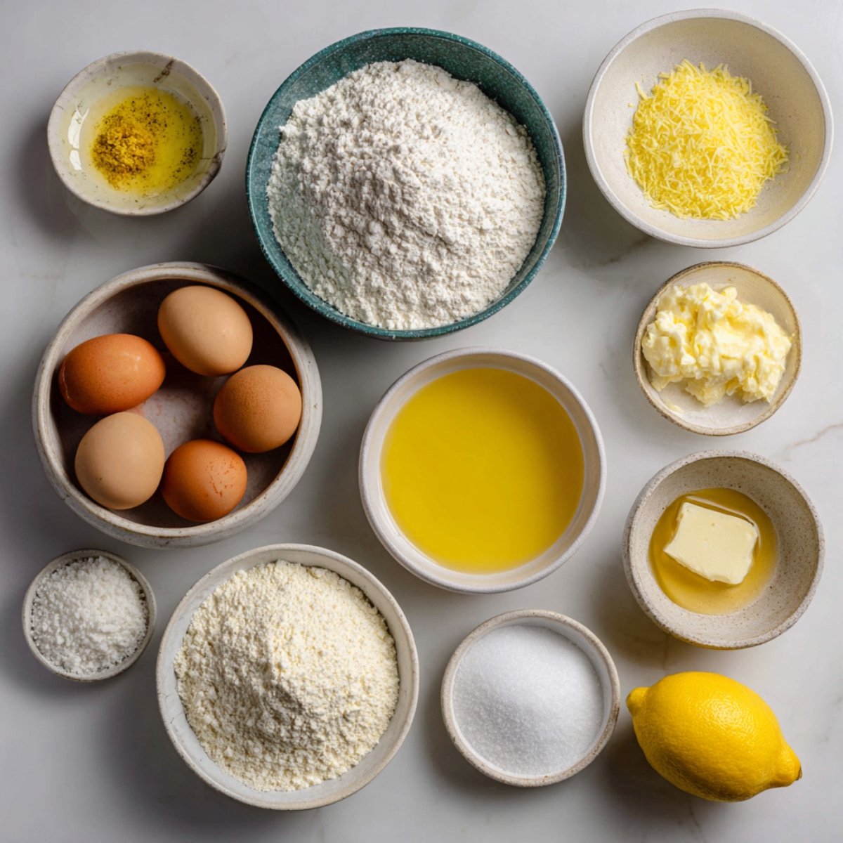 Flat‑lay of ingredients for lemon brownies: a bowl of all‑purpose flour, a bowl of granulated sugar, five brown eggs in a bowl, melted unsalted butter in a bowl, a small dish of softened butter, a dish of fresh lemon juice with zest, a bowl of lemon zest, a bowl of powdered sugar, and a fresh lemon on a white surface.