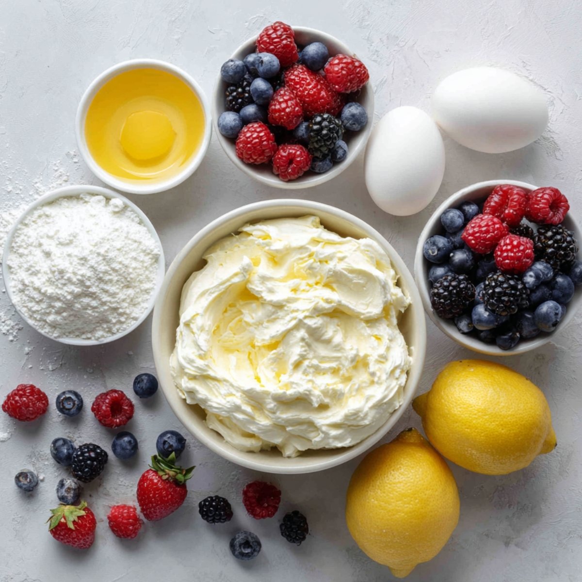 Flat‑lay of a bowl of soft, whipped cream cheese surrounded by a dish of granulated sugar, a small bowl with a cracked egg yolk, two whole eggs, bowls of fresh mixed berries (strawberries, raspberries, blueberries, blackberries), a bowl of sour cream, and two whole lemons on a light gray surface.