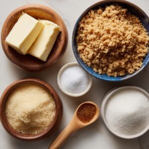 Overhead shot of a marble countertop showing a blue bowl of finely crushed graham crackers, a wooden bowl with two pats of unsalted butter, a small white dish of granulated sugar, a brown bowl of light brown sugar, and a wooden spoon holding a pinch of salt.