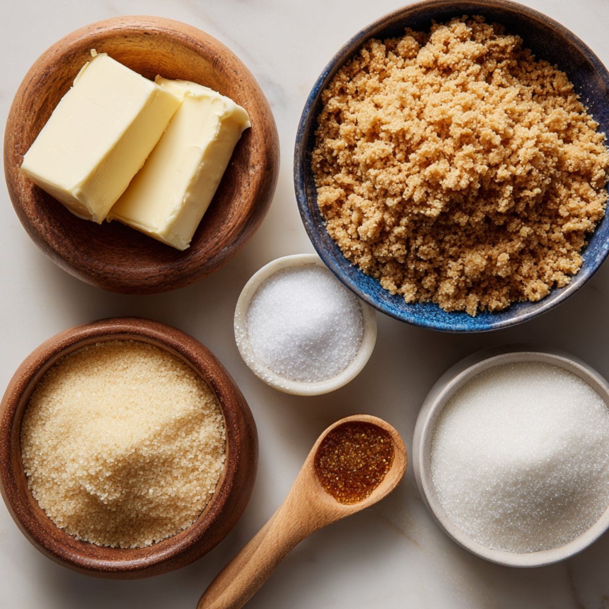 Overhead shot of a marble countertop showing a blue bowl of finely crushed graham crackers, a wooden bowl with two pats of unsalted butter, a small white dish of granulated sugar, a brown bowl of light brown sugar, and a wooden spoon holding a pinch of salt.