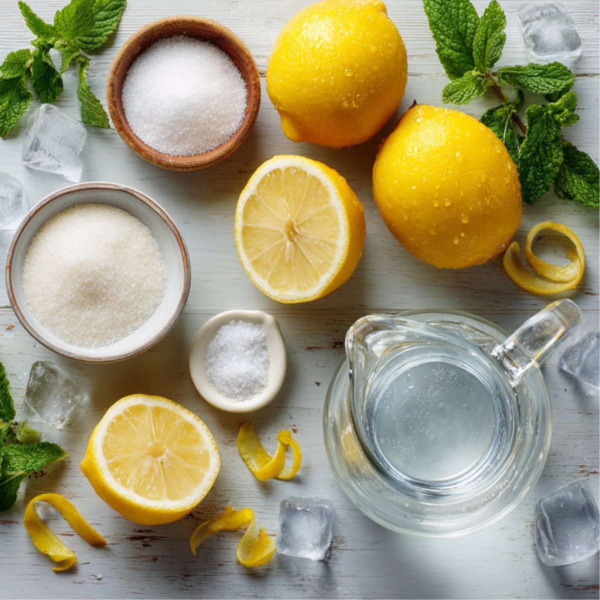 Flat lay of lemonade ingredients on a pale wooden board: three fresh yellow lemons (two whole, one halved) with dewy skins, a small wooden bowl of granulated sugar, a tiny dish of coarse salt, a glass pitcher of clear water, scattered ice cubes, curled strips of lemon zest, and fresh mint sprigs.