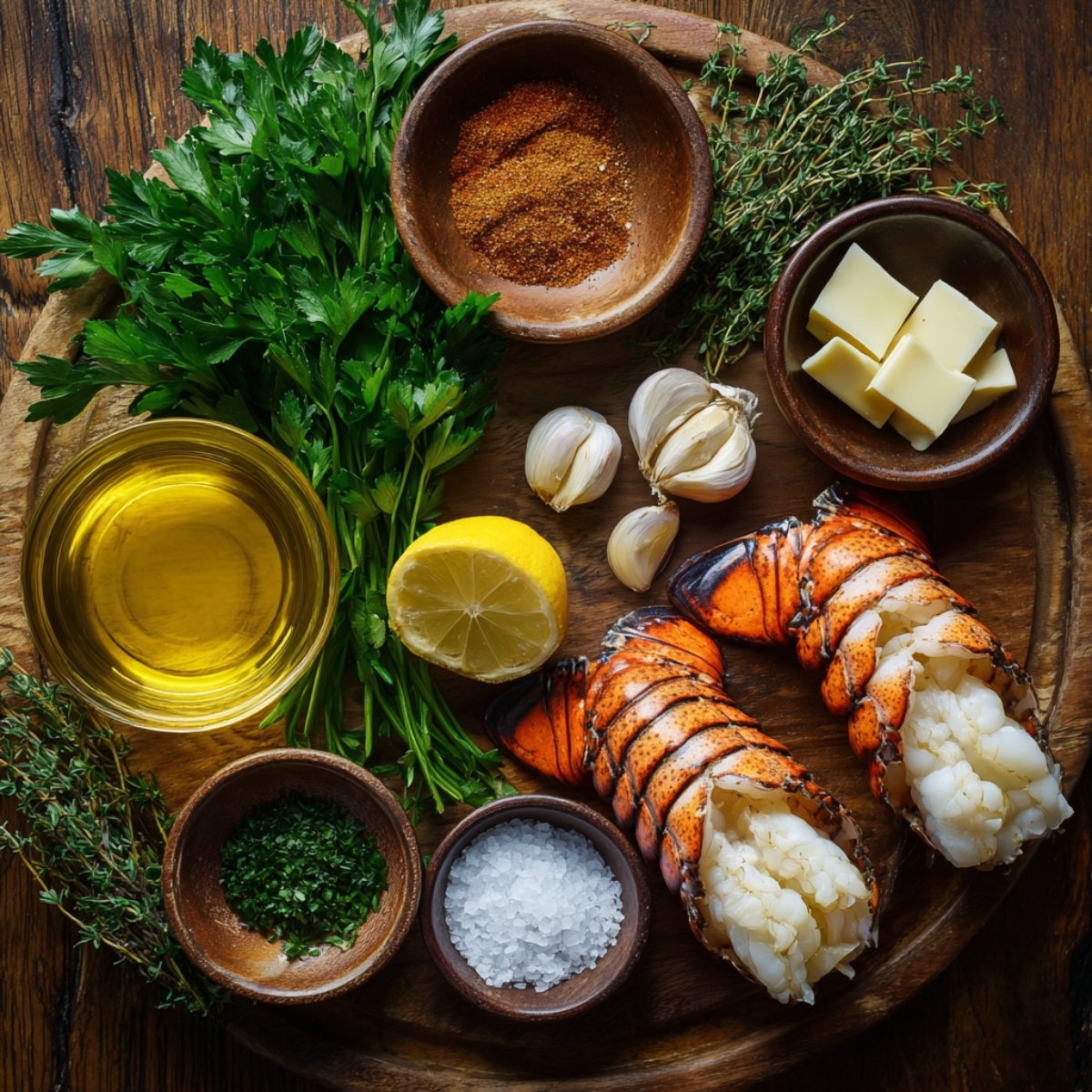 A wooden board filled with lobster tail cooking ingredients: fresh lobster tails, lemon half, garlic cloves, parsley, thyme, olive oil, sea salt, butter cubes, and seasoning spices in small wooden bowls.