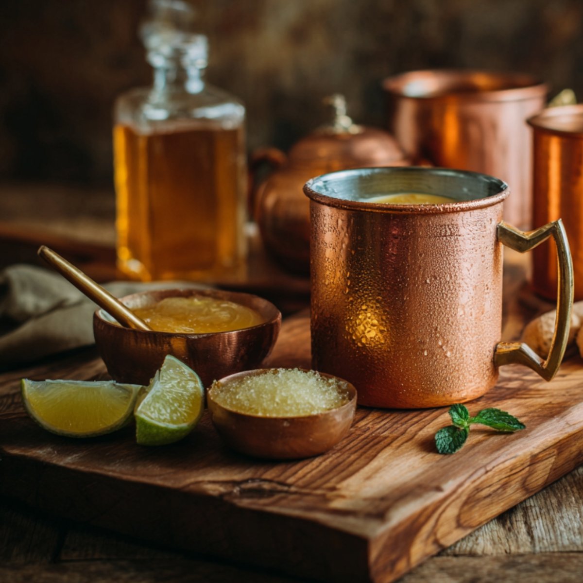 A rustic setup featuring traditional copper mugs on a wooden tray, surrounded by lime wedges, candied ginger, simple syrup, and fresh mint, with a bottle of liquor in the background—styled for a classic Moscow Mule cocktail.