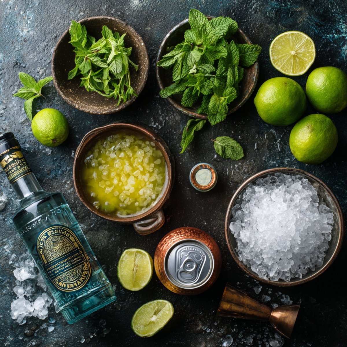 A vibrant flat lay of cocktail ingredients including a bottle of vodka, crushed ice, ginger beer, lime wedges, candied ginger, and fresh mint, arranged neatly on a dark textured surface for Moscow Mule preparation.