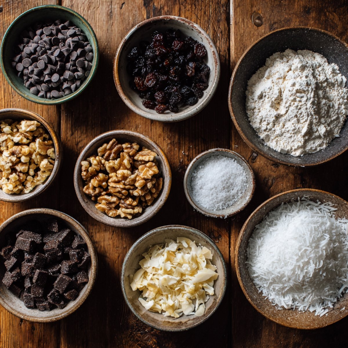 Flat‑lay dyal 7 snaniyat fihom chocolate chips, raisins, flour, deux types dyal walnuts, salt, w shredded coconut, mḥṭṭīn ʿla taول de bois.