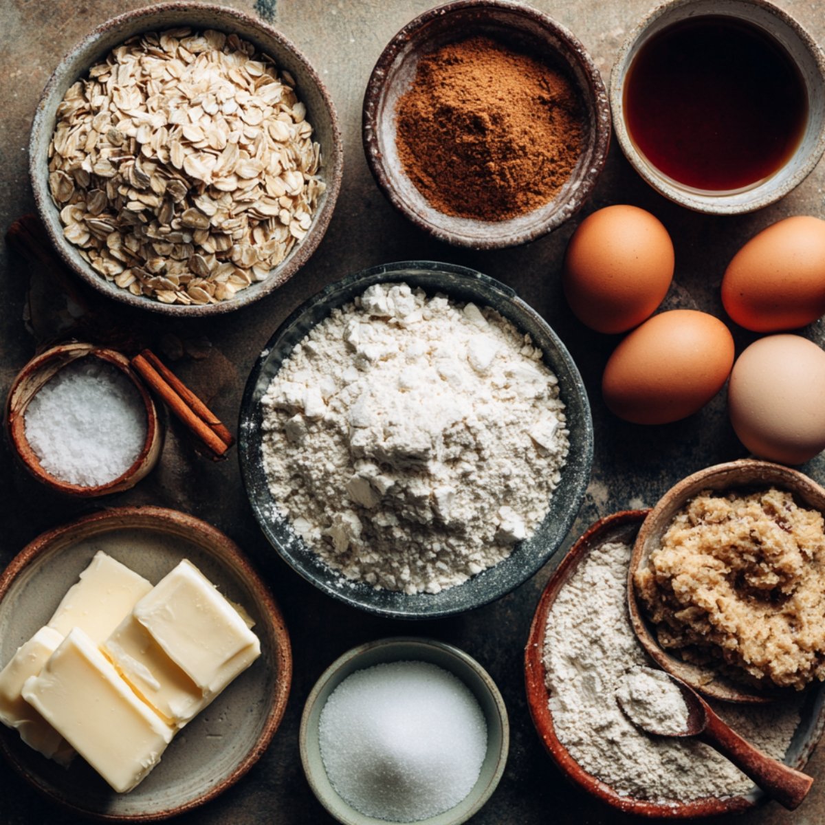 Flat‑lay dyal bowls fihom rolled oats, ground cinnamon, vanilla extract, eggs, flour, butter slices, white sugar, w brown sugar, mرتbīn ʿla surface rustique.