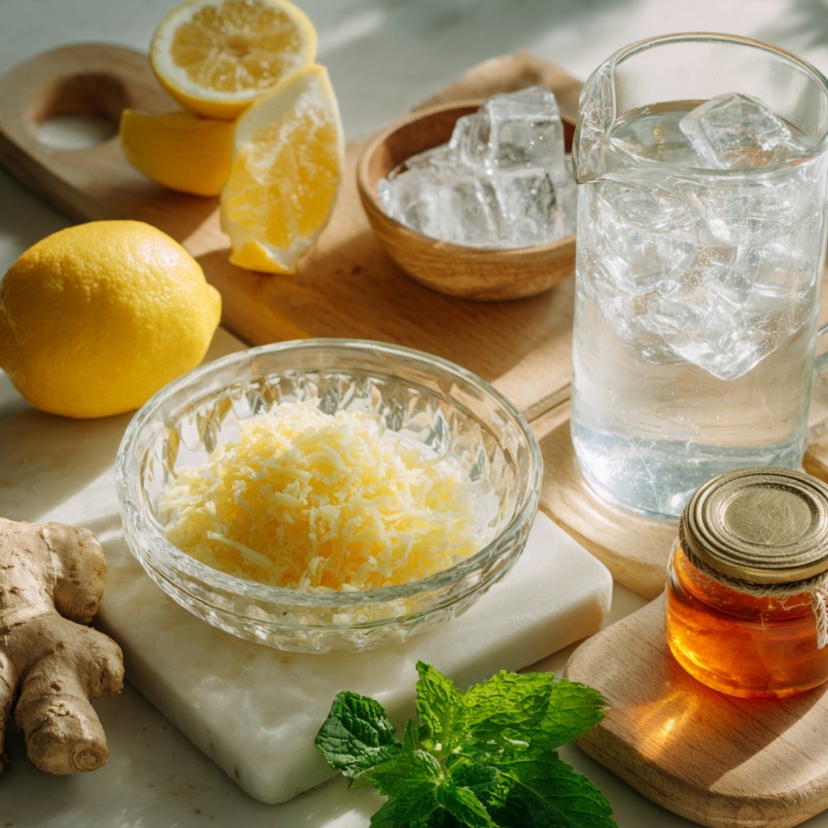 A marble countertop flat‑lay showing a small glass bowl of freshly grated lemon zest, two halved lemons on a wooden board, a wooden bowl of ice cubes, a tall pitcher of ice water, a jar of honey on a wooden tray, a sprig of mint, and a piece of fresh ginger root.