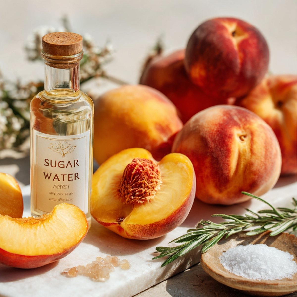A white marble slab displaying whole and halved ripe peaches arranged around a clear bottle labeled “Sugar Water,” with coarse sea salt in a wooden spoon and a sprig of rosemary beside them.