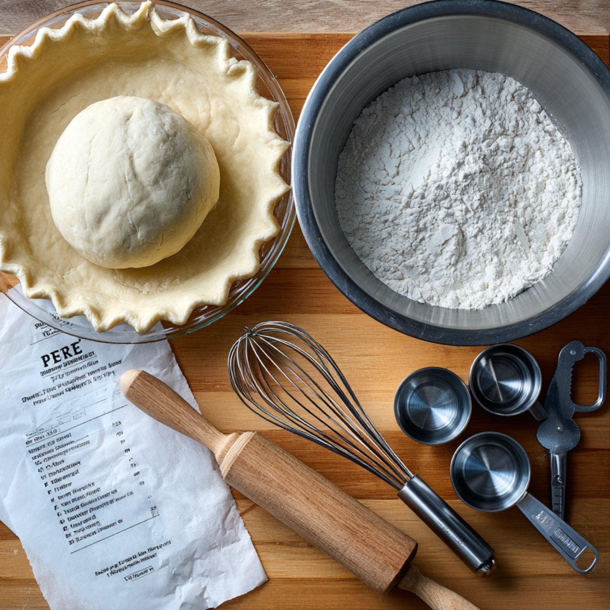 On a lightly floured wooden board: a 9-inch glass pie pan with a crimped pre-made crust and a ball of dough inside, a stainless-steel mixing bowl of flour, a wooden rolling pin, a metal whisk, nested metal measuring cups, and a crumpled parchment paper with a printed recipe.