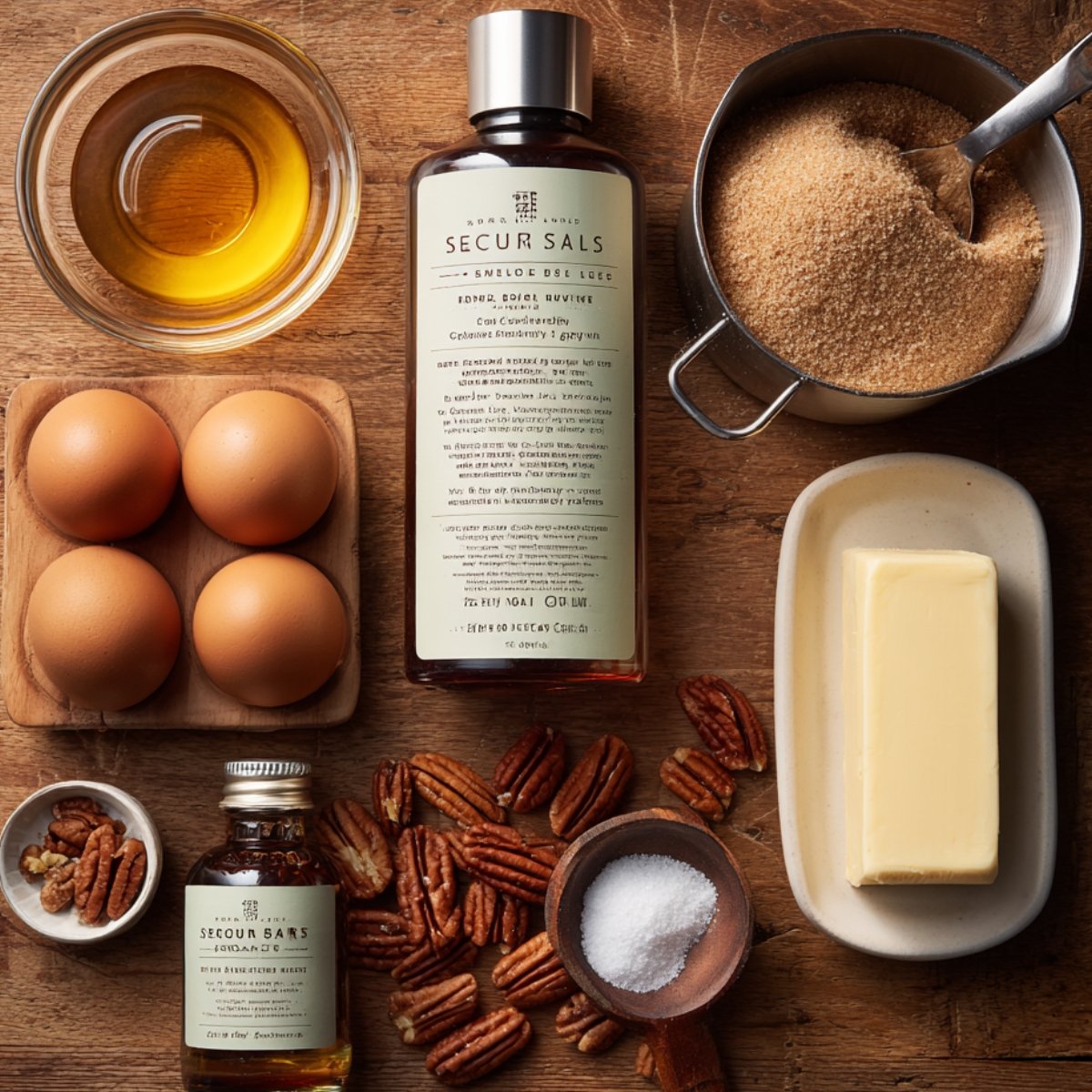 A rustic wooden countertop with a glass bowl of light golden corn syrup, four brown eggs in a wooden tray, a stainless-steel cup of packed brown sugar, a stick of butter on a white dish, a small amber bottle of vanilla extract, a wooden spoon holding salt, and a scattering of pecan halves.