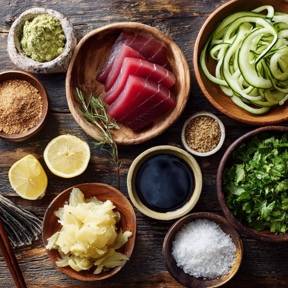Fresh ahi tuna slices with spiralized zucchini, lemon, ginger, soy sauce, sea salt, wasabi, sesame seeds, and chopped herbs on a rustic wooden surface.