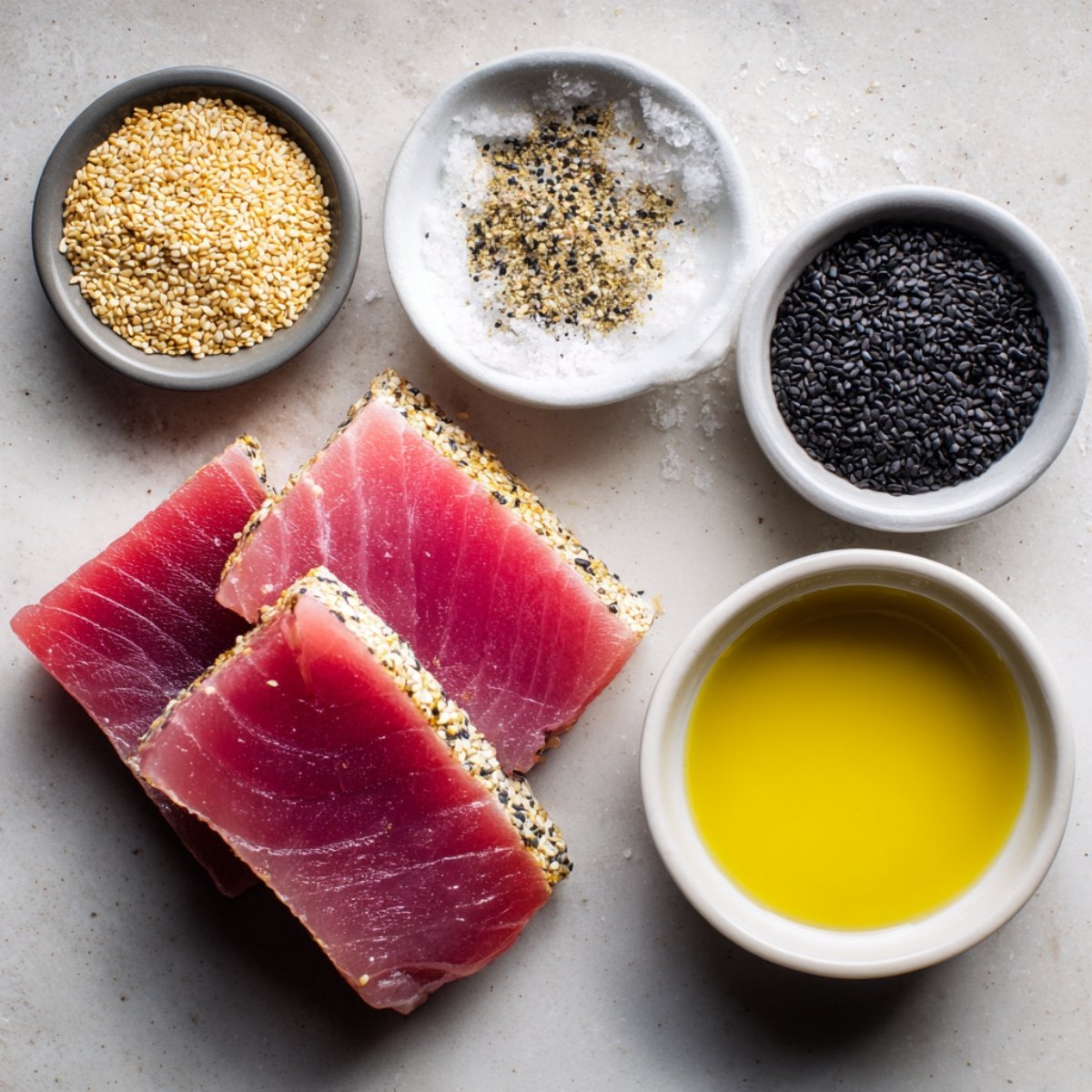Raw ahi tuna steaks coated in black and white sesame seeds, shown with olive oil, sea salt, and sesame seeds on a light countertop.