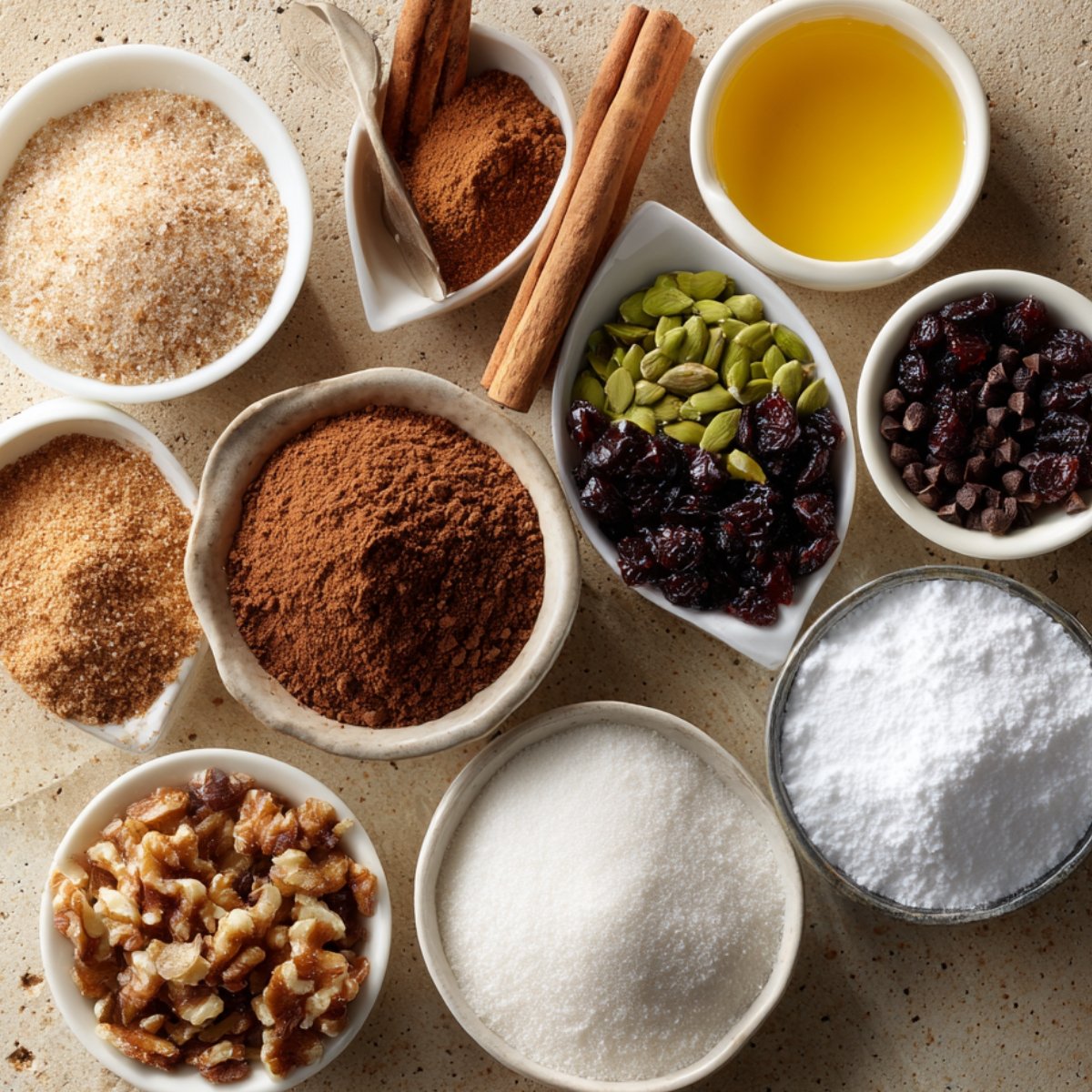 Overhead shot of small bowls on a stone surface containing granulated sugar, brown sugar, cinnamon, nutmeg, vegetable oil, dried cranberries, pumpkin seeds, walnuts, and powdered sugar for pumpkin bread.