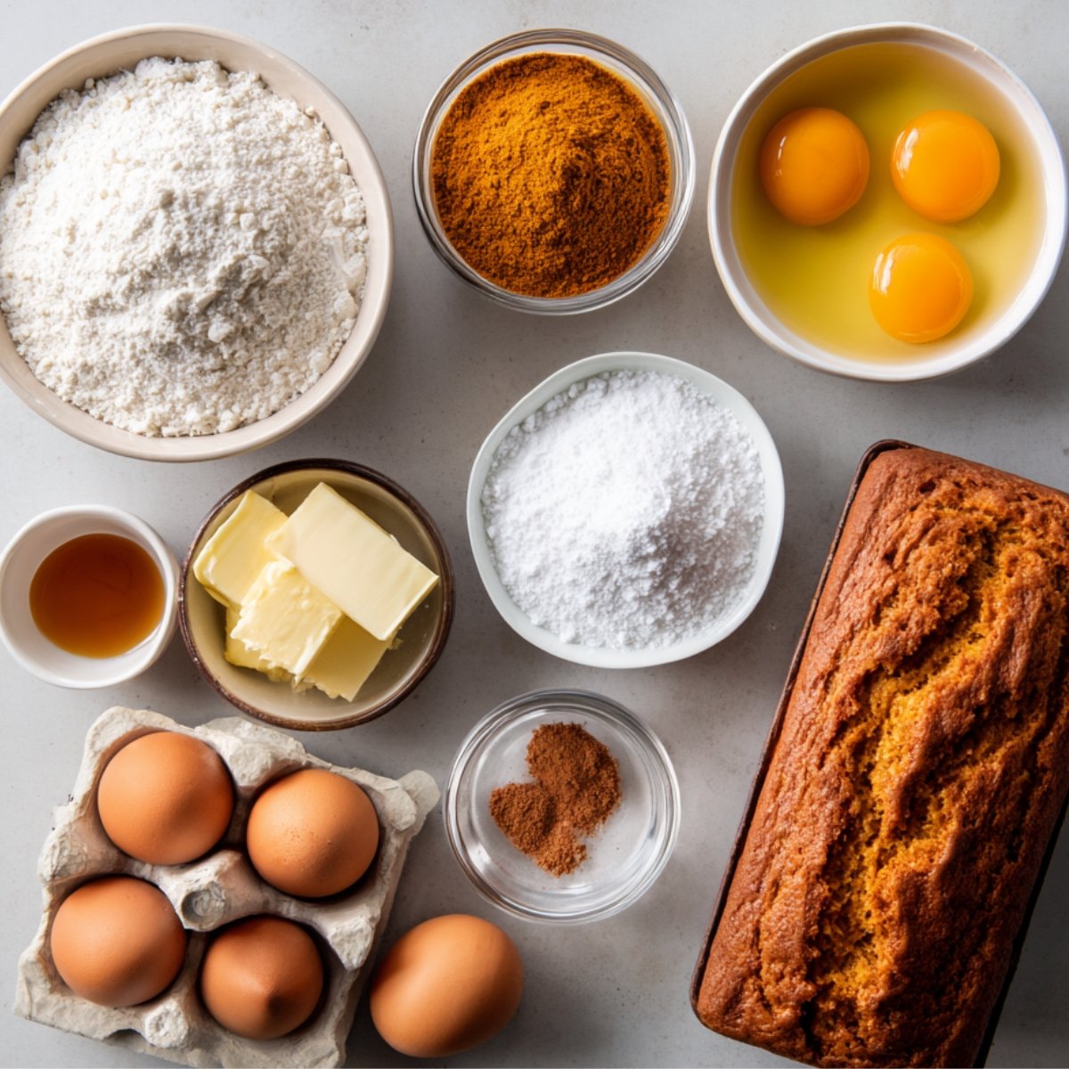 Marble countertop arrangement of pumpkin bread ingredients: a bowl of all‑purpose flour, a bowl of ground pumpkin spice, a bowl with three eggs, a small dish of vanilla extract, a plate of cubed butter, a bowl of fine sea salt, and a freshly baked loaf of pumpkin bread.