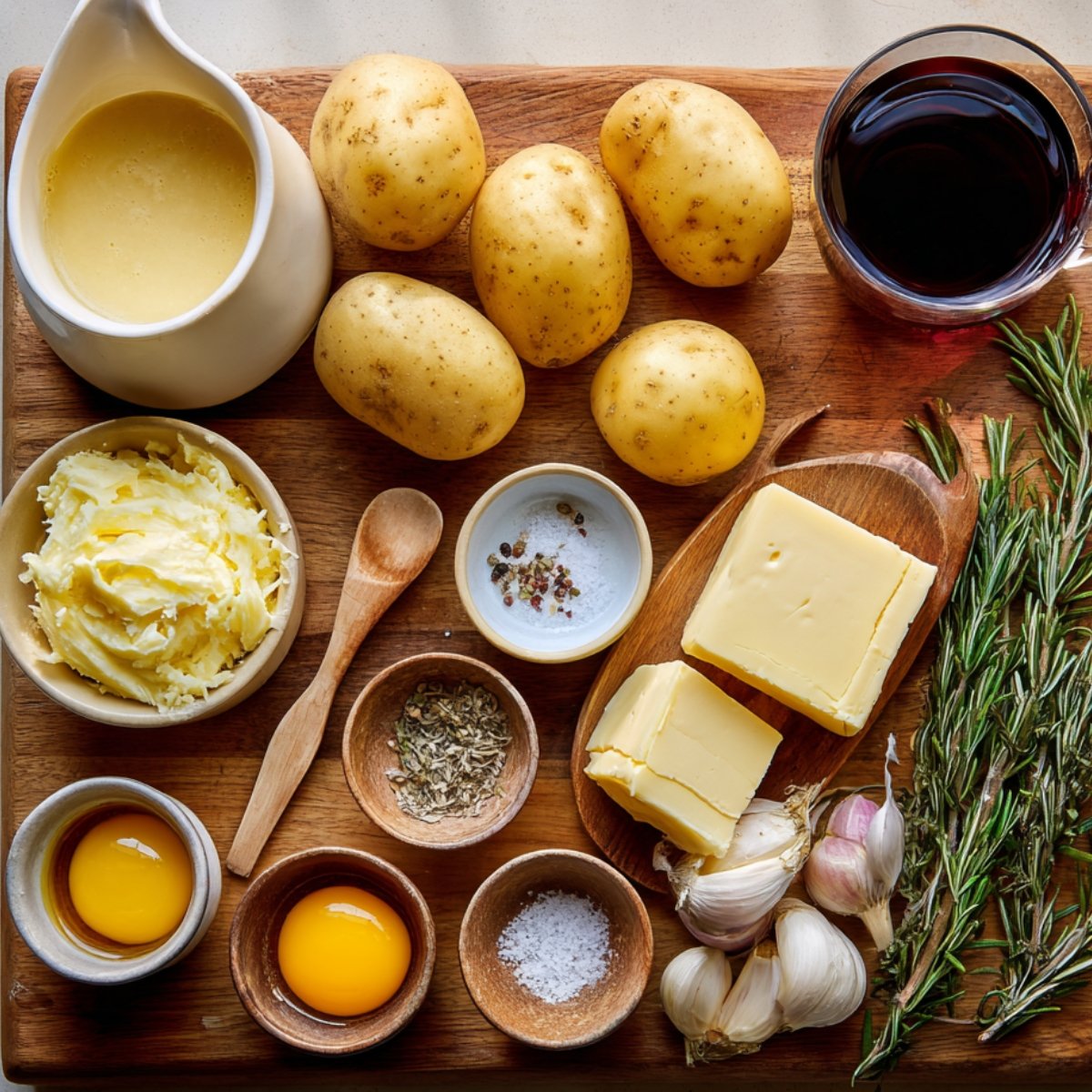 Overhead view of a wooden cutting board topped with shepherd’s pie potato‑topping ingredients: five whole russet potatoes, a white pitcher of heavy cream, a bowl of softened butter, two small ramekins each holding an egg yolk, a tiny bowl of salt, a bowl of mixed dried herbs, a wooden spoon, a block and slices of butter on a small board, several garlic cloves, a glass cup of red wine, and fresh rosemary sprigs.