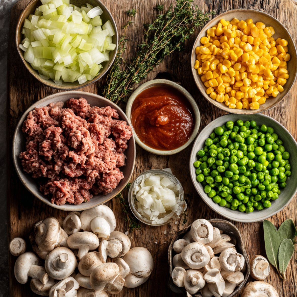 Top‑down shot of a rustic wooden board displaying the meat‑layer components for shepherd’s pie: a bowl of raw ground lamb, a bowl of diced yellow onion, a small dish of tomato paste, scattered fresh thyme sprigs and two bay leaves, a bowl of frozen peas, a bowl of corn kernels, and an array of whole and sliced cremini mushrooms.