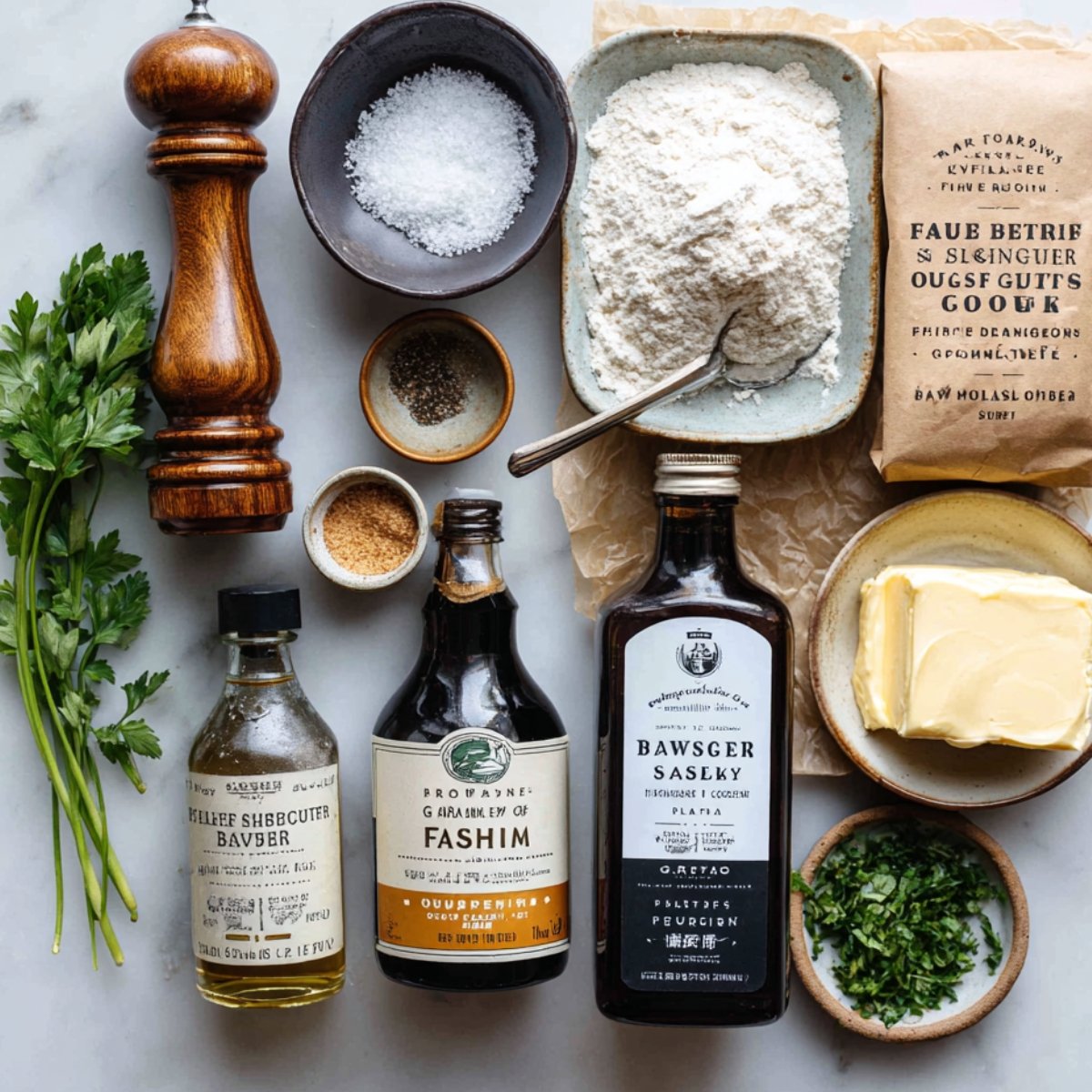 Overhead flat‑lay on a white marble surface showing braise flavor enhancers: a wooden pepper mill, a small bowl of kosher salt, a shallow dish of flour with a spoon, a paper bag of flour, a plate of butter, ramekins of cracked pepper and brown sugar, bottles of Worcestershire and soy sauce, and sprigs of fresh parsley.
