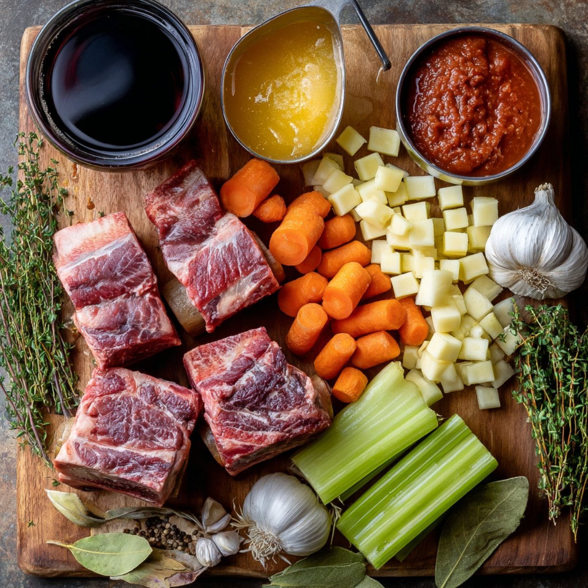 Bright overhead shot on marble countertop of raw braising ingredients: bone‑in beef short ribs, celery stalks, carrots, diced onions, garlic cloves, fresh thyme sprigs, bay leaves, a dish of tomato paste, a gravy boat of melted butter, and a glass of red wine.